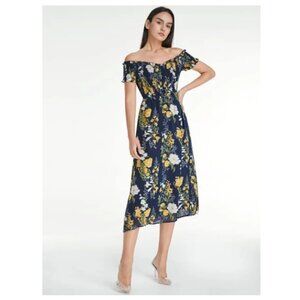 Commense Off Shoulder Island Floral Ruffle Hem Dress With Sheer Overlay